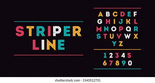 Striper Line: Modern font typeface, typography art stripe line alphabet. Lettering uppercase and numbering vector.