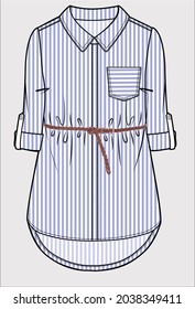 STRIPER SHIRT DRESS WITH BELT DETAIL FOR KID GIRLS AND TEEN GIRLS EDITABLE VECTOR ILLUSTRATION