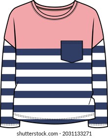 STRIPER TEE WTH CONTRAST POCKET FOR KID GIRLS AND TEEN GIRLS IN EDITABLE VECTOR FILE