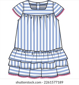 STRIPER WOVEN DRESS WITH CAP SLEEVES AND POM POM LACE DETAIL FOR KID GIRLS AND TODDLER GIRLS IN VECTOR ILLUSTRATION