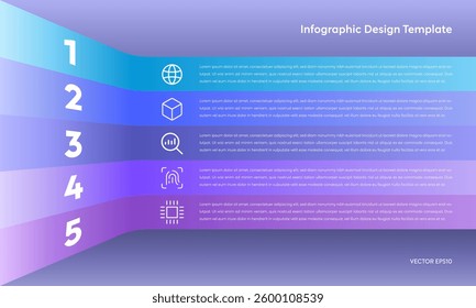 Stripes 5 Step Infographic Elements Template for Business Presentation Gradient Modern Luxury Design. Process Layout with Trendy Tech Icons for Web Design, Brochure Marketing, Technology Statistic
