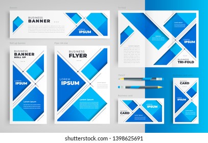 Stripes abstract blue color theme set flyer cover, tri-fold, banner, roll up banner, business card