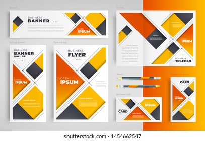 Stripes abstract orange color theme set flyer cover, tri-fold, banner, roll up banner, business card