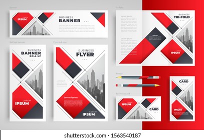 Stripes abstract red color theme set flyer cover, tri-fold, banner, roll up banner, business card