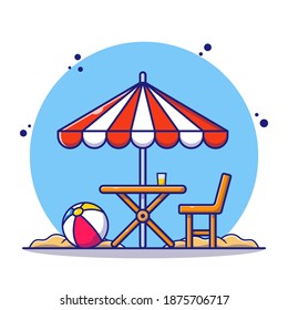 A stripes beach umbrella, wooden chair, and ball. Summer vacation, holiday, and relaxation. Summer icon concept illustration. Flat cartoon vector illustration isolated.