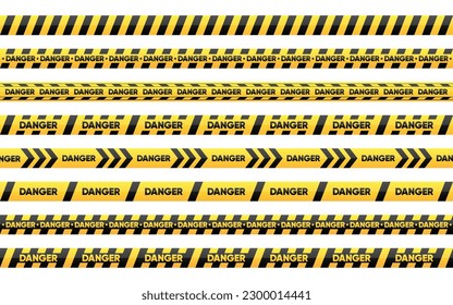 Rayas de negro y amarillo. Conjunto de cintas de advertencia de peligro sin fisuras. Resumen de líneas de advertencia para peligro, policía y precaución. Diseño de líneas artísticas de escenas del crimen. Ilustración vectorial.
