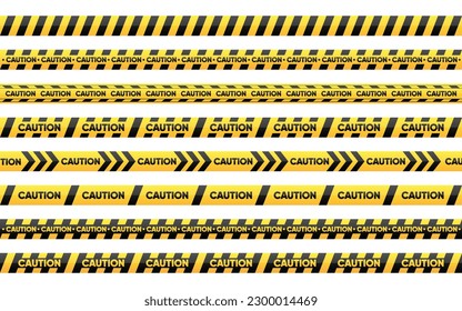 Stripes of black and yellow. Set of seamless danger warning tapes. Abstract warning lines for danger, police and caution. Line art design of crime scenes. Vector Illustration.