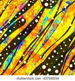Stripes, blots, curved lines and strokes. Shiny elements. Bright seamless background. Vector texture for fabric, wrapping, home decor.