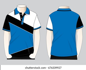 Stripes Blue-White-Black Short Sleeve Polo Shirt Design on Gray Background. Front and Back Views, Vector File.