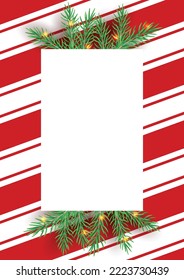 Stripes candy cane pattern with Christmas tree green branches. Diagonal straight lines Christmas background. Red and white peppermint wrapping paper. Simple trendy backdrop illustration