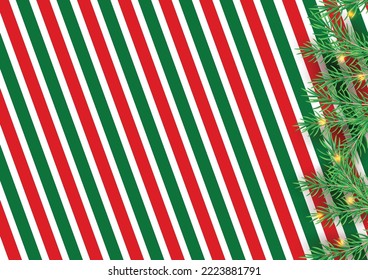 Stripes candy cane pattern with Christmas tree green branches. Diagonal straight lines Christmas background. Red and white peppermint wrapping paper. Simple trendy backdrop illustration