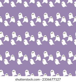 Stripes of cute little white ghosts adorn this soft muted purple background creating a seamless repeat pattern design for a Halloween decoration of any sort.