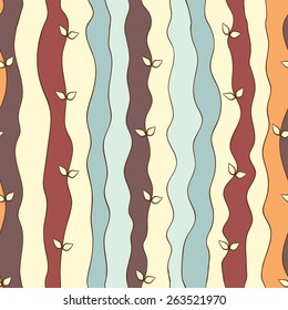 Stripes of different colors arranged vertically with abstract leaves. Seamless pattern. Background for your design.