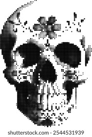 Stripes of differing widths outline a haunting skull.