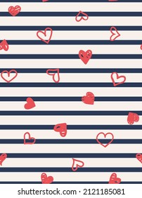 Stripes with doodled hearts seamless repeat pattern. Maritime, vector all over print background motif.