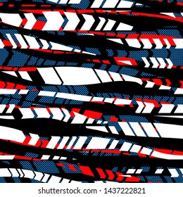 Stripes, dots and arrows. Black, red, blue, white seamless texture. Abstract vector background for web page, banners backdrop, fabric, home decor, wrapping, sports and boys design.