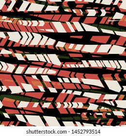 Stripes, dots and arrows. Black, red seamless texture. Abstract vector background for web page, banners backdrop, fabric, home decor, wrapping, sports and boys design.