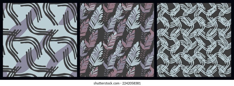 Stripes and feathers patterns set.Abstract chaotic rough lines and free hand shapes in grey,blue and purple colors.Backgrounds and textures for printing on fabric and paper.Vector hand drawn design.