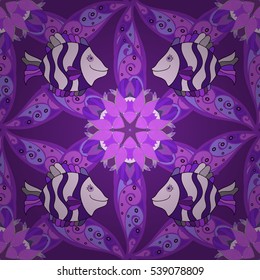 Stripes fishes seamless background. Vector illustration. Doodles Fish. Violet. Lilac.