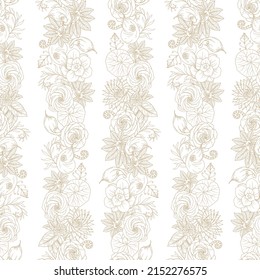 Stripes from flowers. Seamless pattern with hand drawn vector outline illustrations
