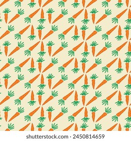 Stripes of Fresh Orange Carrots with Green Tops on Yellow seamless pattern print background 