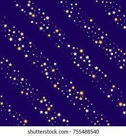 Stripes of Golden Glittering Stars Confetti. Glamour, Luxury Design Pattern with Sparkles, Glittering Stars on Blue Sky Background. Wedding, Invitation, Greeting Card Striped Background Template