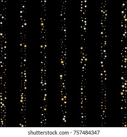 Stripes of Golden Glittering Stars Confetti. Glamour, Luxury Design Pattern with Sparkles, Glittering Stars on Night Sky Background. Wedding, Invitation, Greeting Card Striped Background Template.