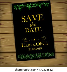 stripes of leaves save the date golden text black background