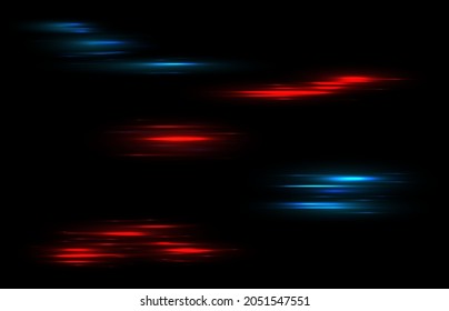 Stripes light. Blue and red shiny neon lines, data connection futuristic abstract flash. Car fast motion trail effect, laser stream, night power tails vector isolated realistic set