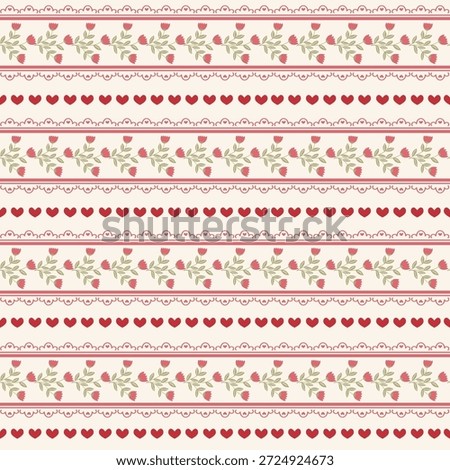 Stripes lines, florals and heart seamless pattern, repeating vector background for romantic, valentine's day products