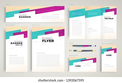 Stripes and lines geometric figure abstract Set flyer cover, tri-fold, banner, roll up banner, business card