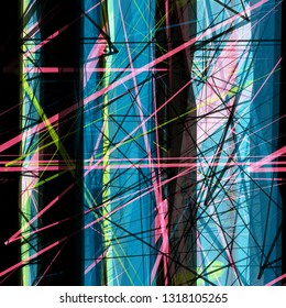 Stripes and lines mix random. Pink, blue, green, black seamless texture