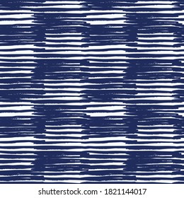 Stripes misprint checks seamless vector pattern. Hand painted stripes forming check like block print. Indigo blue repeat on white . Great for home decor, fabric, wallpaper, stationery, design projects