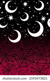 Stripes of moons and webs on gradient background. Seamless horizontal pattern