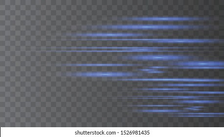Stripes moving fast over dark background. Horizontal lens flares pack. Laser beams, horizontal light rays. Vector light effect. 