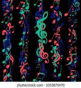 Stripes of Musical Notes. Abstract Background with Notes, Bass and Treble Clefs. Vector Element for Musical Poster, Banner, Advertising, Card. Minimalistic Simple Background.