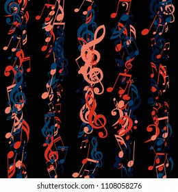 Stripes of Musical Notes. Abstract Background with Notes, Bass and Treble Clefs. Vector Element for Musical Poster, Banner, Advertising, Card. Minimalistic Simple Background.
