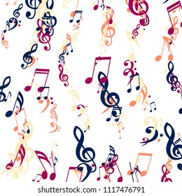 Stripes of Musical Notes. Abstract Background with Notes, Bass and Treble Clefs. Vector Element for Musical Poster, Banner, Advertising, Card. Minimalistic Simple Background.