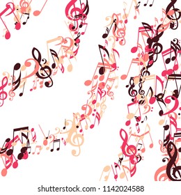Stripes of Musical Notes. Abstract Background with Notes, Bass and Treble Clefs. Vector Element for Musical Poster, Banner, Advertising, Card. Minimalistic Simple Background.