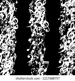 Stripes of Musical Notes. Abstract Background with Notes, Bass and Treble Clefs. Vector Element for Musical Poster, Banner, Advertising, Card. Minimalistic Simple Background.