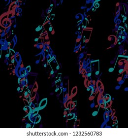 Stripes of Musical Notes. Abstract Background with Notes, Bass and Treble Clefs. Vector Element for Musical Poster, Banner, Advertising, Card. Minimalistic Simple Background.