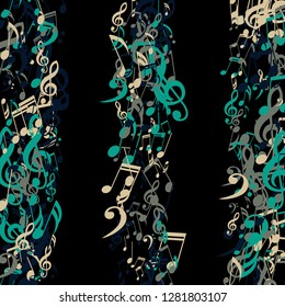Stripes of Musical Notes. Abstract Background with Notes, Bass and Treble Clefs. Vector Element for Musical Poster, Banner, Advertising, Card. Minimalistic Simple Background.