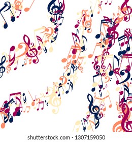 Stripes of Musical Notes. Abstract Background with Notes, Bass and Treble Clefs. Vector Element for Musical Poster, Banner, Advertising, Card. Minimalistic Simple Background.