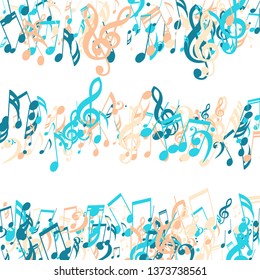 Stripes of Musical Notes. Abstract Background with Notes, Bass and Treble Clefs. Vector Element for Musical Poster, Banner, Advertising, Card. Minimalistic Simple Background.