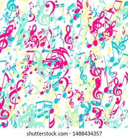Stripes of Musical Notes, Bass and Treble Clefs. Vector Background.