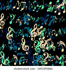 Stripes of Musical Notes, Bass and Treble Clefs. Vector Background.