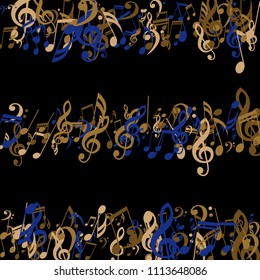 Stripes of Musical Notes. Creative Background with Notes, Bass and Treble Clefs. Vector Element for Musical Poster, Banner, Advertising, Card. Minimalistic Simple Background.