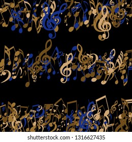 Stripes of Musical Notes. Creative Background with Notes, Bass and Treble Clefs. Vector Element for Musical Poster, Banner, Advertising, Card. Minimalistic Simple Background.