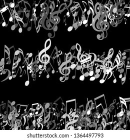 Stripes of Musical Notes. Creative Background with Notes, Bass and Treble Clefs. Vector Element for Musical Poster, Banner, Advertising, Card. Minimalistic Simple Background.