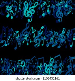 Stripes of Musical Notes. Modern Background with Notes, Bass and Treble Clefs. Vector Element for Musical Poster, Banner, Advertising, Card. Minimalistic Simple Background.